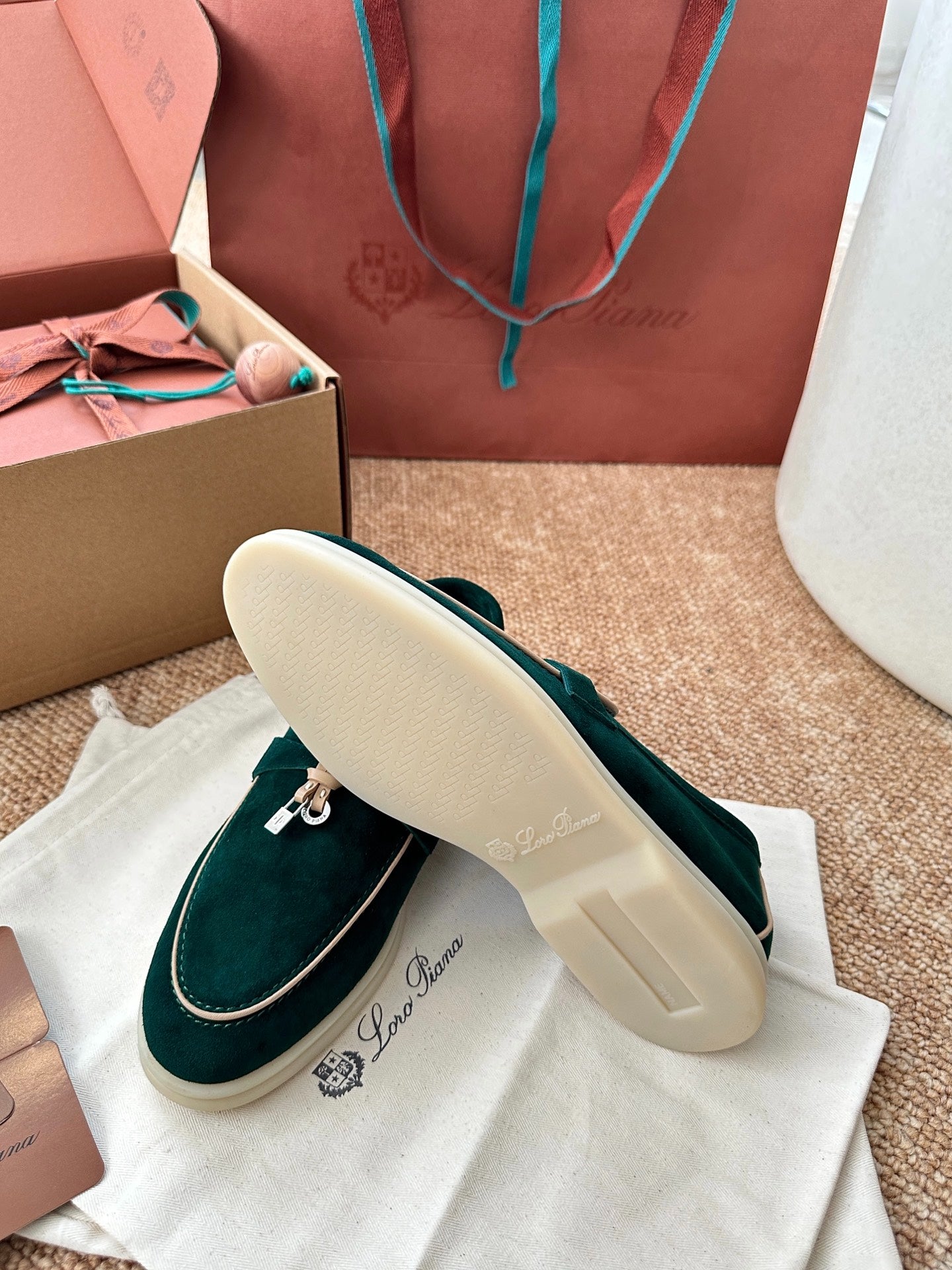 Loro Piana Summer Charms Walk Suede Loafers - Deep Emerald Green