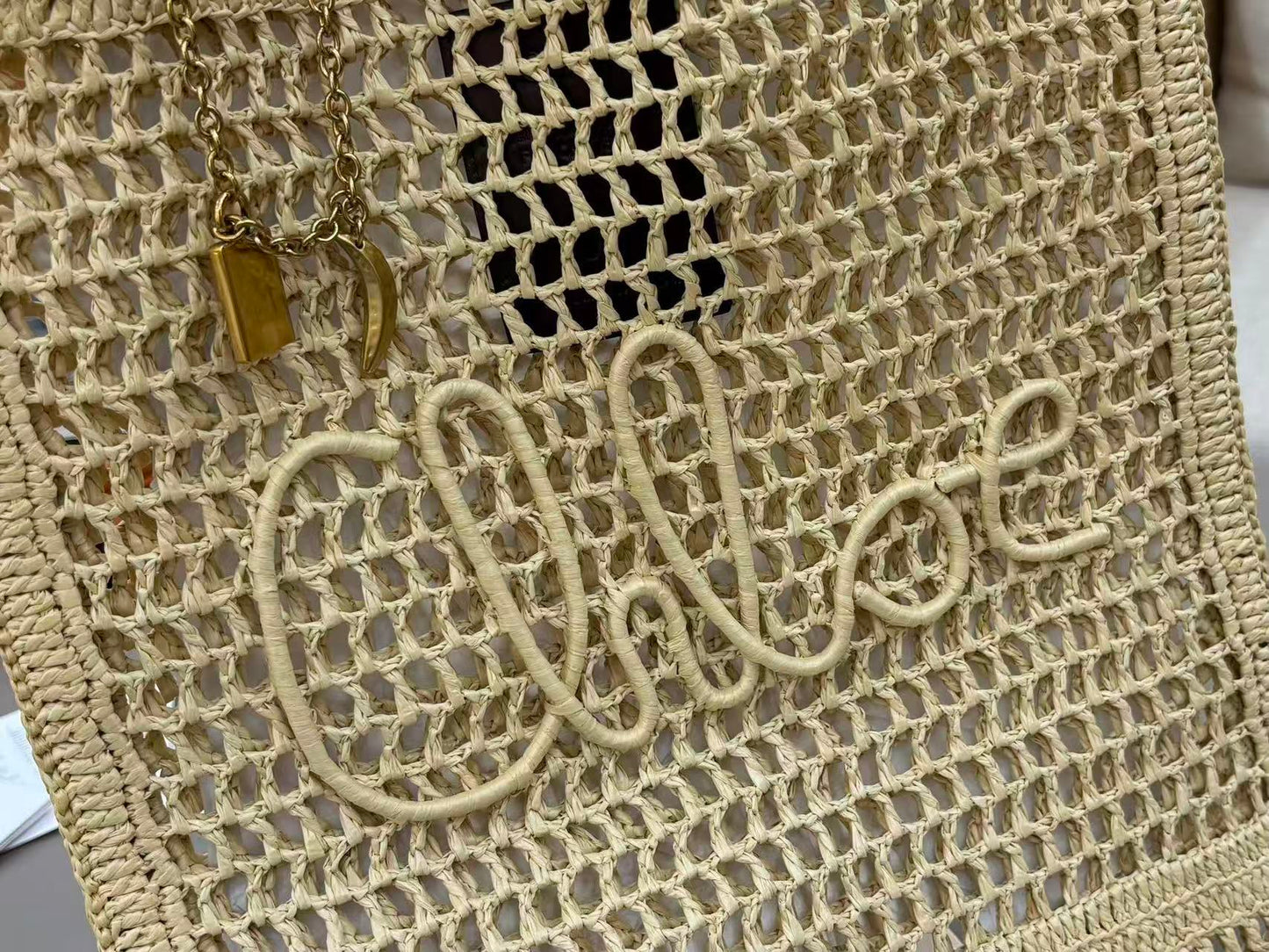 Chloé Summer Banana Crochet Tote Bag Raffia With Leather Trim