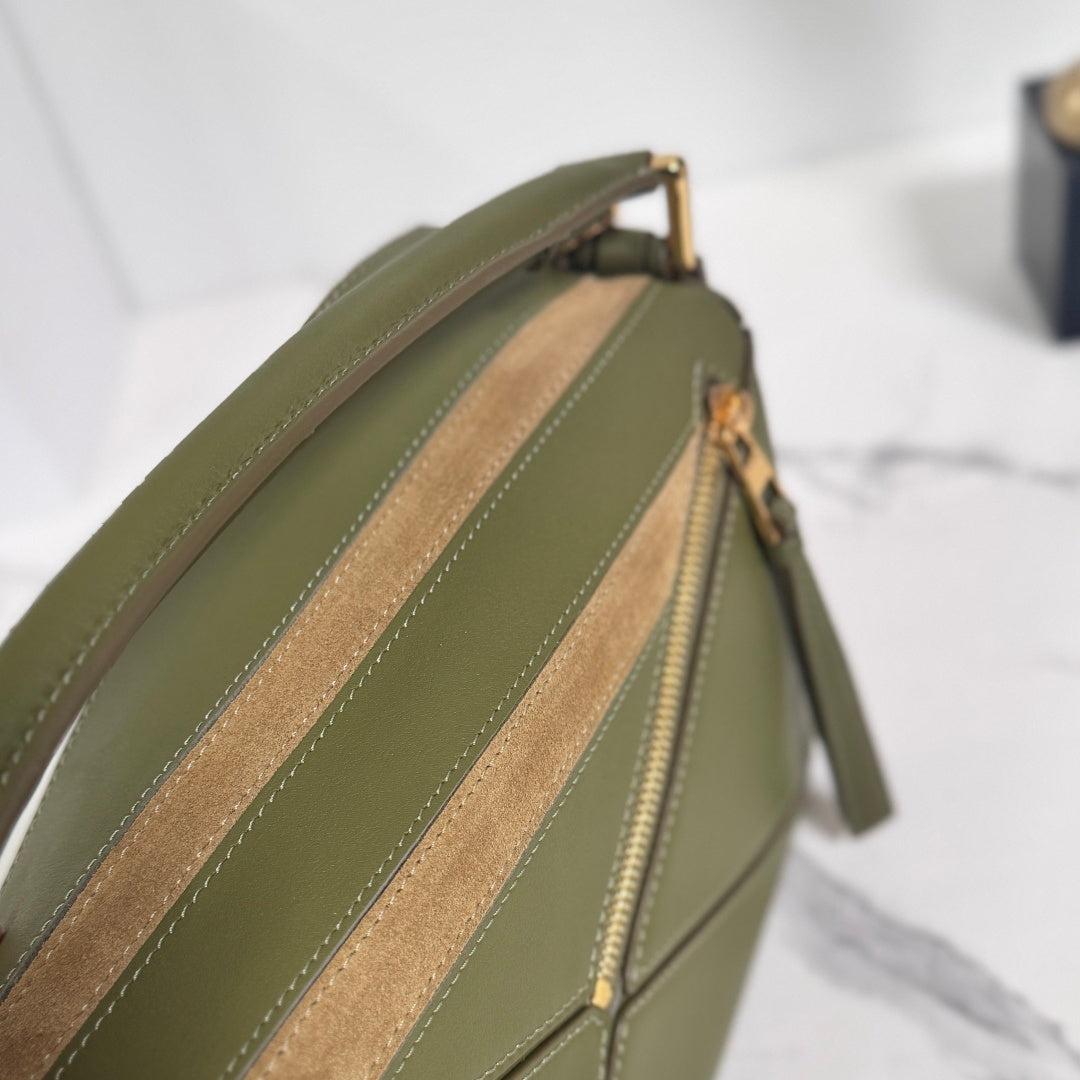 Small Puzzle Bag Olive Green Calfskin Brown Suede