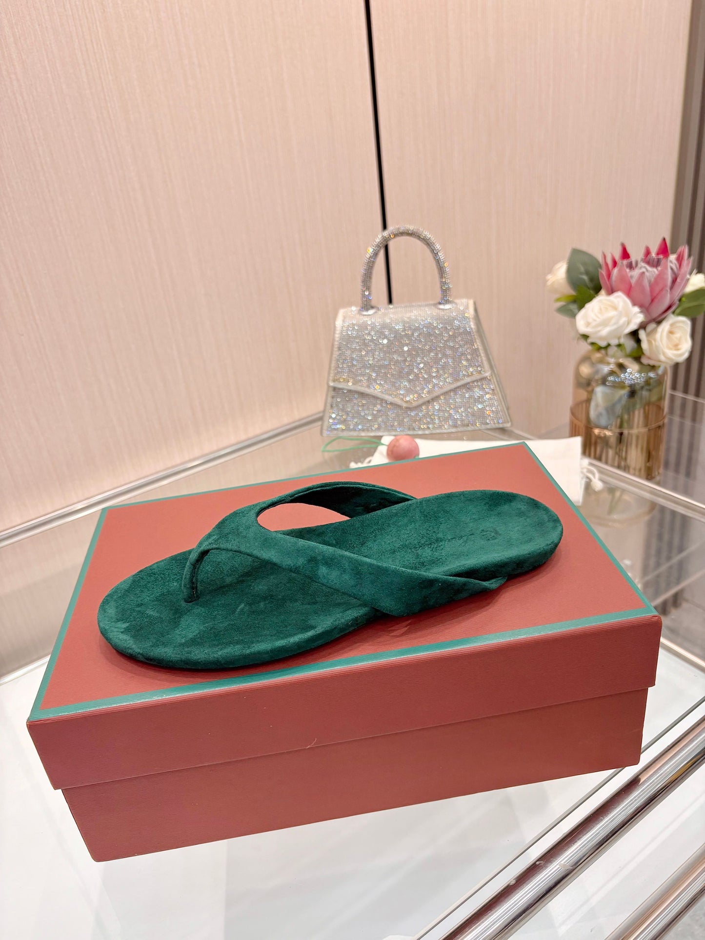 Emerald Green Suede Old Money Style Flat Flip Flops Women Luxury Thong Sandals