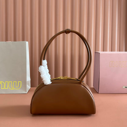 Miu Beau Semi-Circular Small Bowling Bag Tan Brown Leather