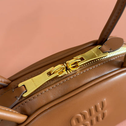 Miu Beau Semi-Circular Small Bowling Bag Tan Brown Leather