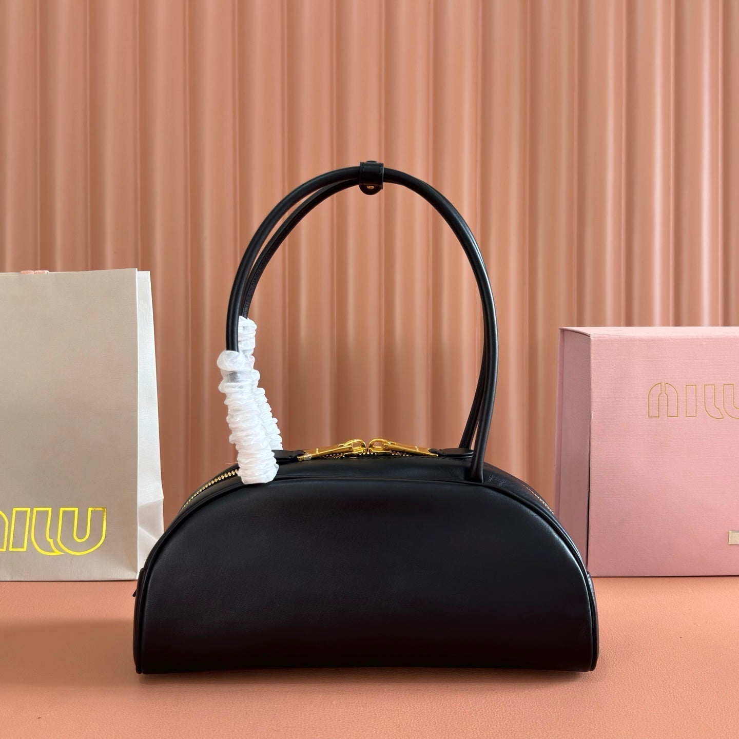 Miu Beau Semi-Circular Bowling Bag Black Leather