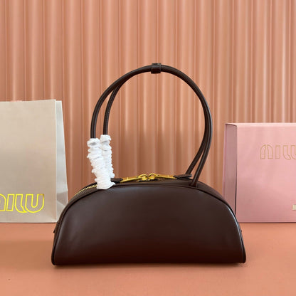 Miu Beau Semi-Circular Bowling Bag Coffee Leather