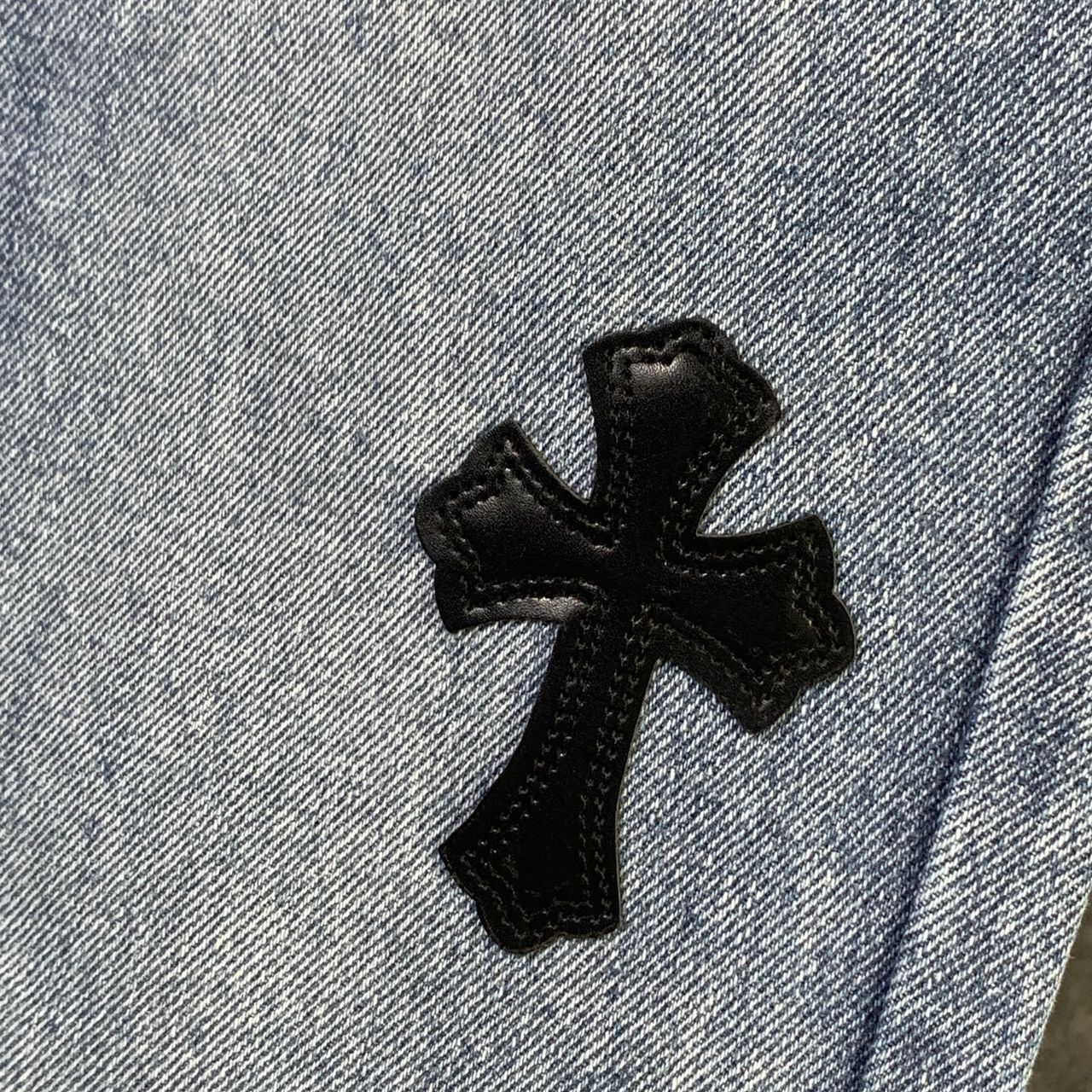 CHROME HEARTS Blue Jeans With Black Leather Crosses