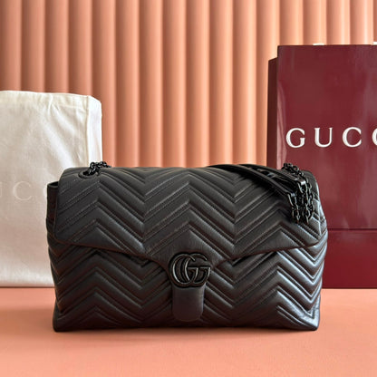 Gucci GG Marmont Large Shoulder Bag Black Matelassé Chevron Leather 273193