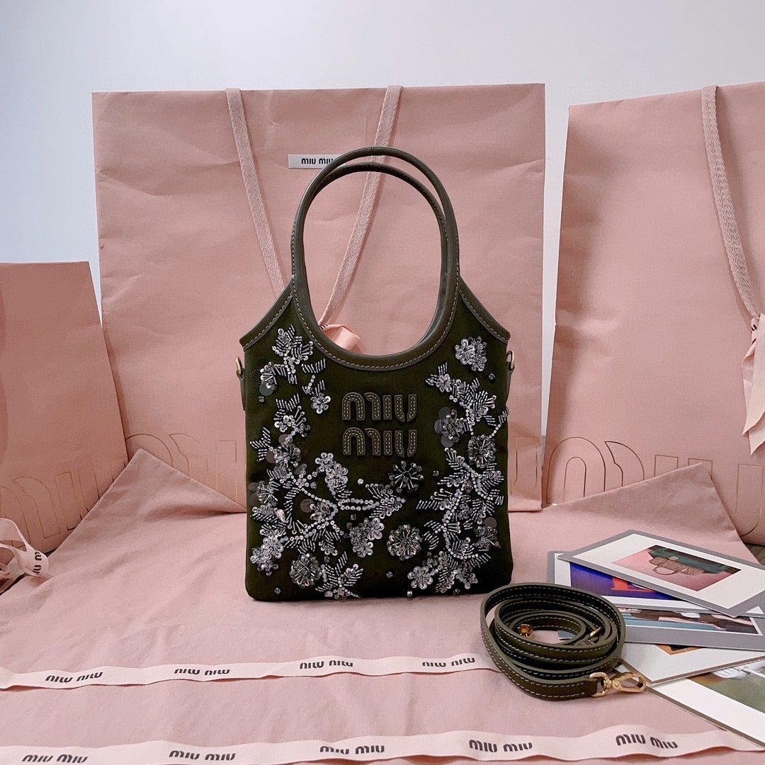 IVY Embroidered Gabardine Bag 20cm Dark Olive Brown Canvas