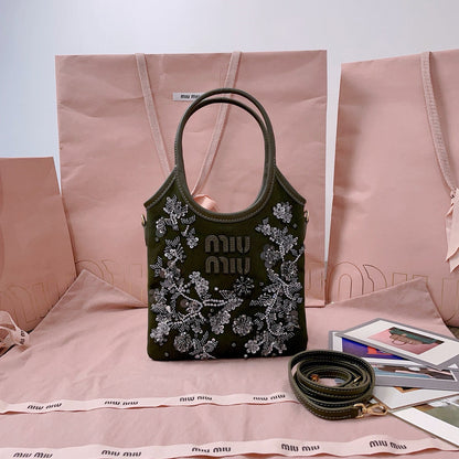 IVY Embroidered Gabardine Bag 20cm Dark Olive Brown Canvas