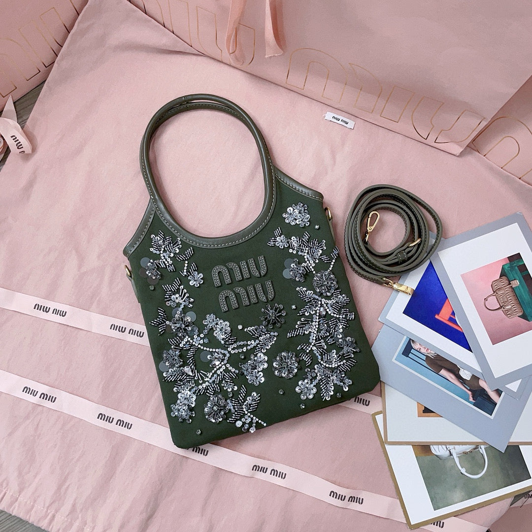 IVY Embroidered Gabardine Bag 20cm Dark Olive Brown Canvas