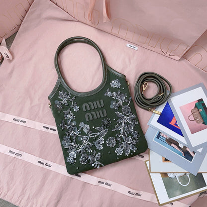 IVY Embroidered Gabardine Bag 20cm Dark Olive Brown Canvas
