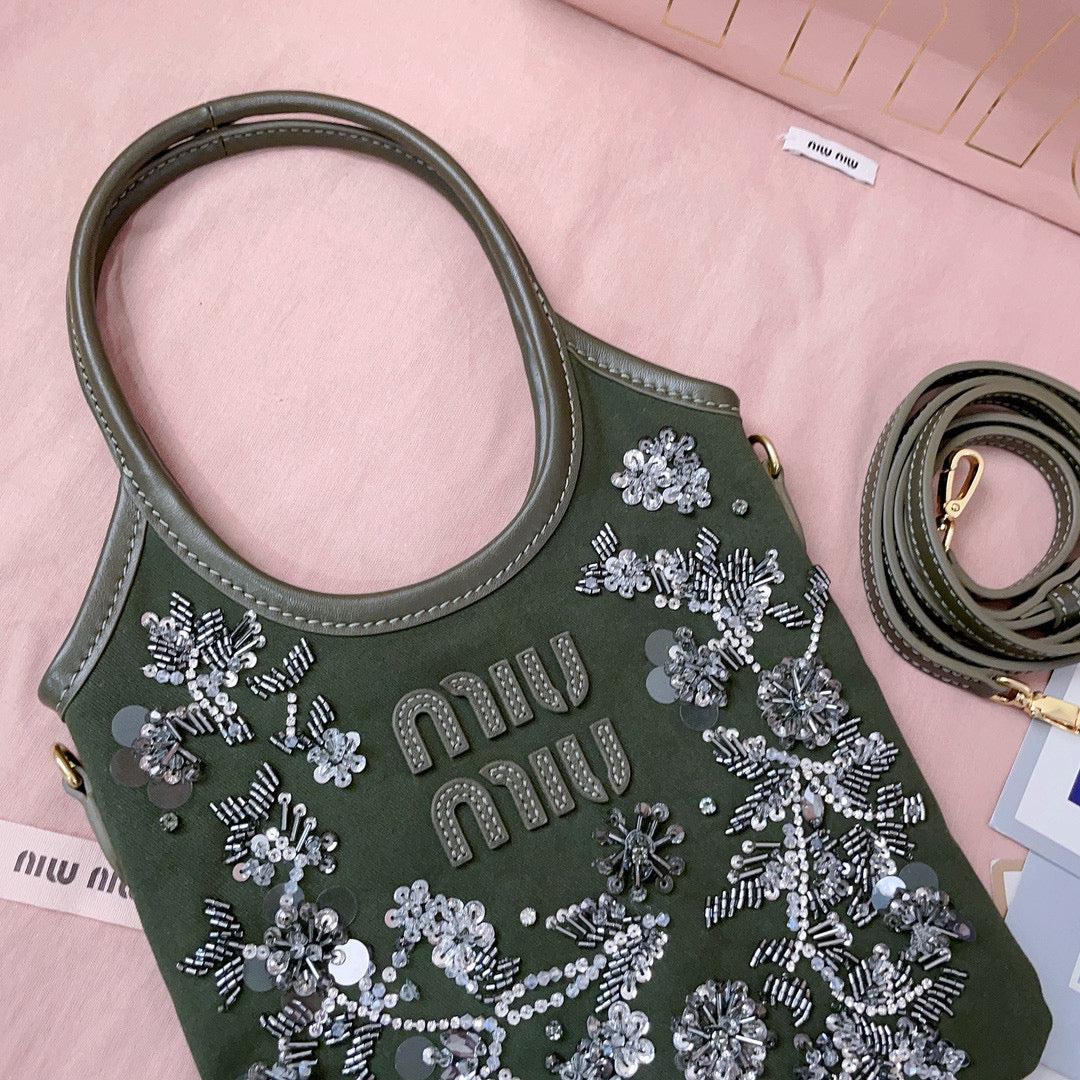 IVY Embroidered Gabardine Bag 20cm Dark Olive Brown Canvas