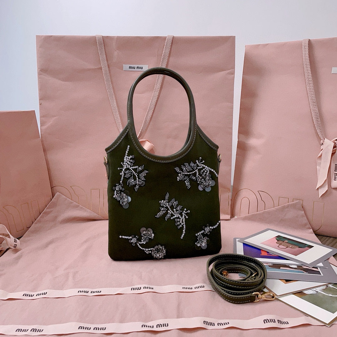 IVY Embroidered Gabardine Bag 20cm Dark Olive Brown Canvas