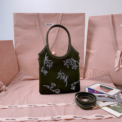 IVY Embroidered Gabardine Bag 20cm Dark Olive Brown Canvas