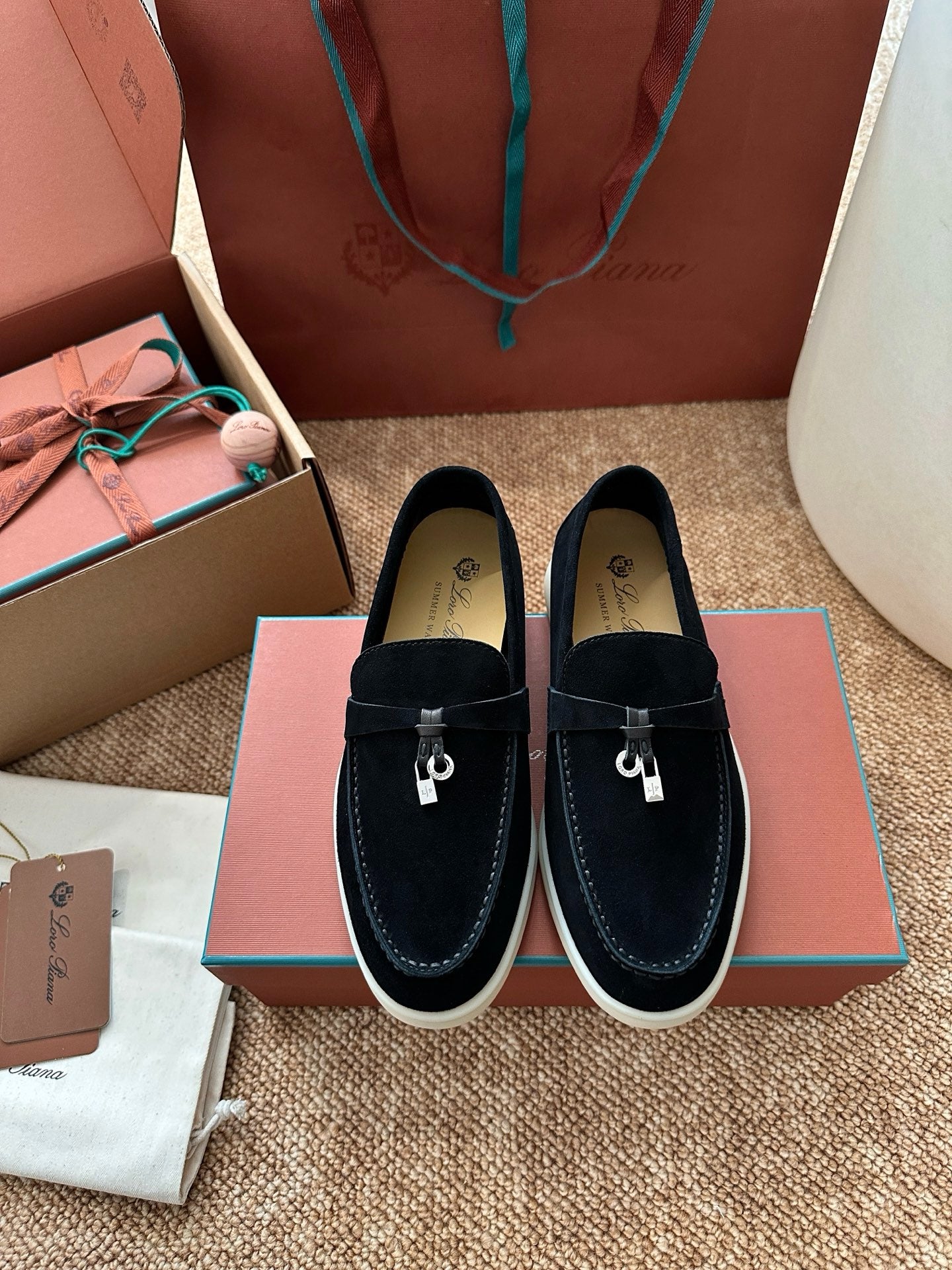 Loro Piana Summer Charms Walk Suede Loafers - Black