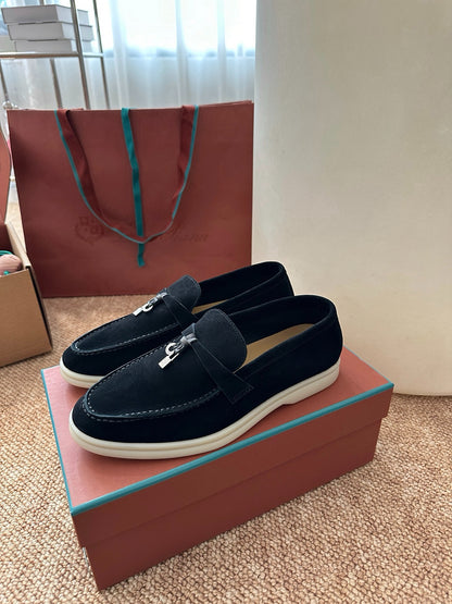 Loro Piana Summer Charms Walk Suede Loafers - Black