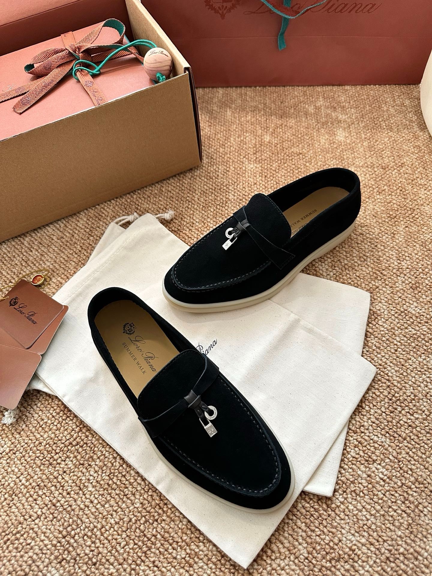Loro Piana Summer Charms Walk Suede Loafers - Black