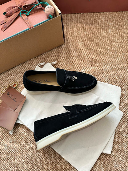 Loro Piana Summer Charms Walk Suede Loafers - Black