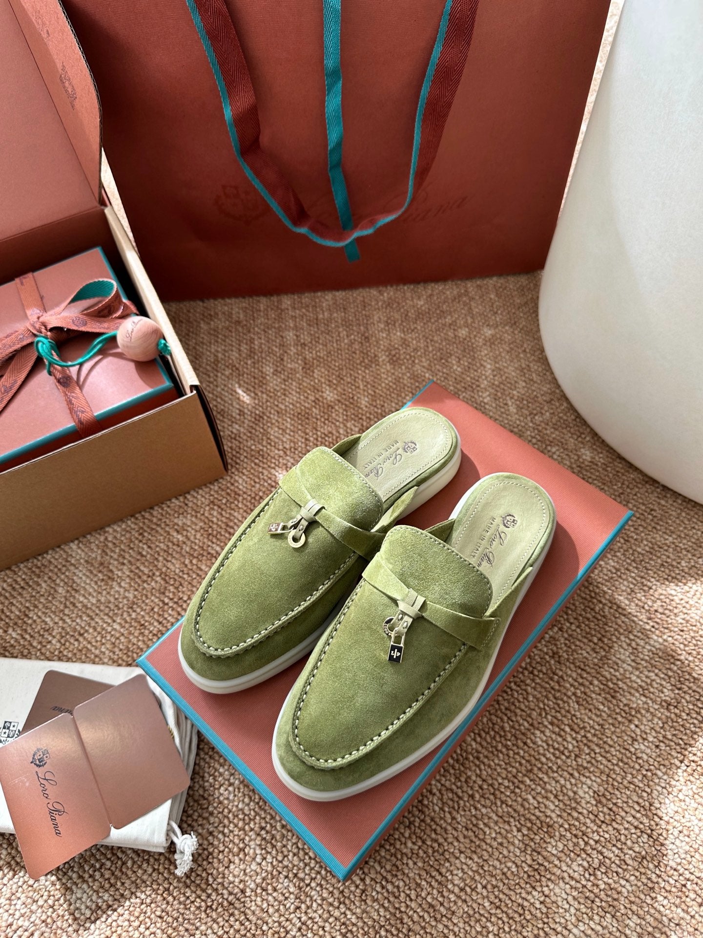 Light Green Suede Slip-On Mules, Loro Piana Style