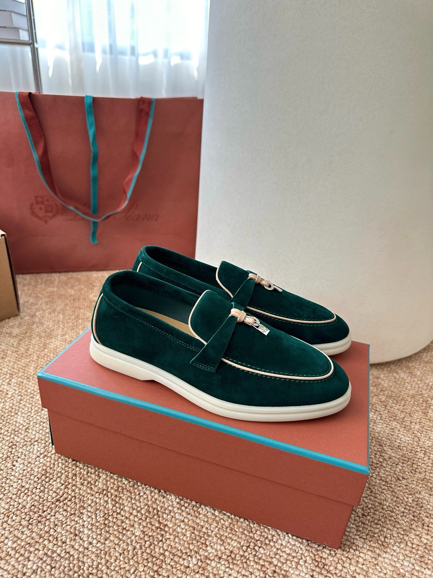 Loro Piana Summer Charms Walk Suede Loafers - Deep Emerald Green