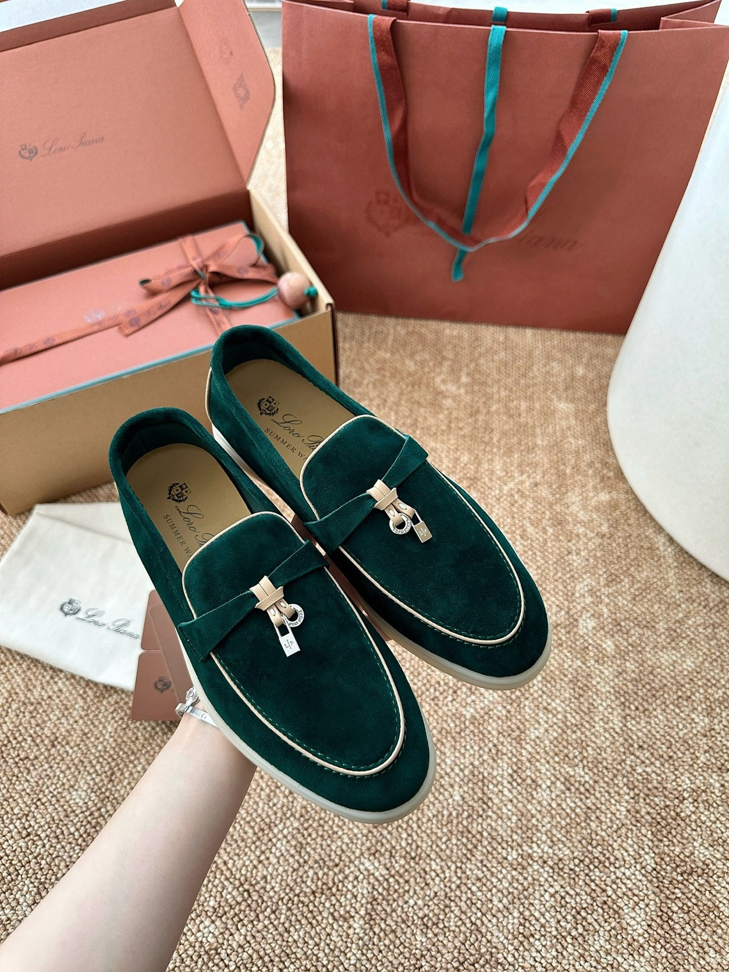 Loro Piana Summer Charms Walk Suede Loafers - Deep Emerald Green