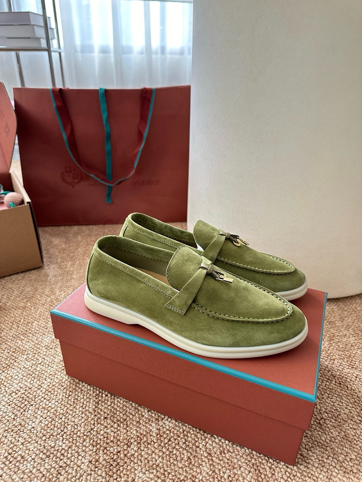 Loro Piana Summer Charms Walk Suede Loafers - Olive Green