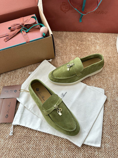 Loro Piana Summer Charms Walk Suede Loafers - Olive Green