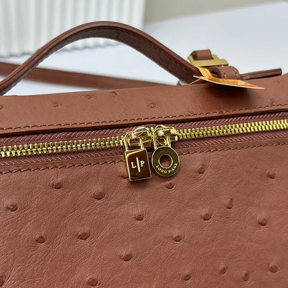 LP Extra Bag 19cm Ostrich Pattern Chestnut Brown Calfskin Gold Hardware