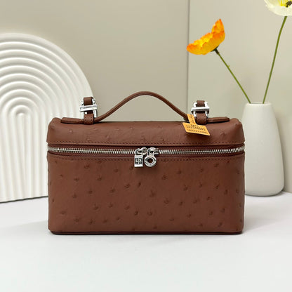 LP Extra Bag 19cm Ostrich Pattern Chestnut Brown Calfskin Silver Hardware