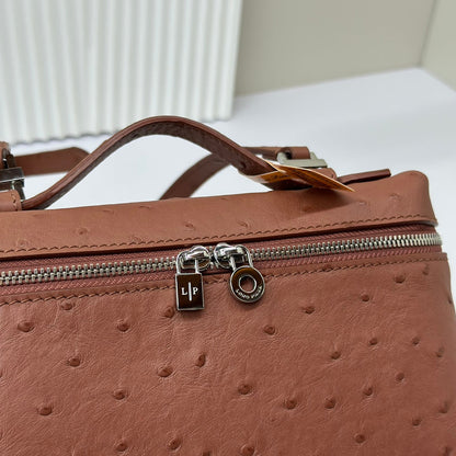 LP Extra Bag 19cm Ostrich Pattern Chestnut Brown Calfskin Silver Hardware