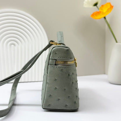 LP Extra Bag 19cm Ostrich Pattern Olive Gray Calfskin Gold Hardware