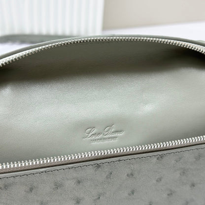 LP Extra Bag 19cm Ostrich Pattern Olive Gray Calfskin Silver Hardware