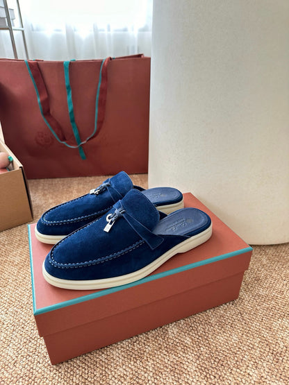 Loro Piana Summer Charms Walk Suede Mules - Navy Blue