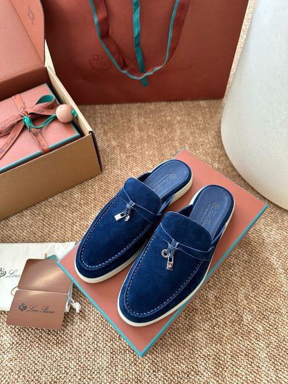 Loro Piana Summer Charms Walk Suede Mules - Navy Blue