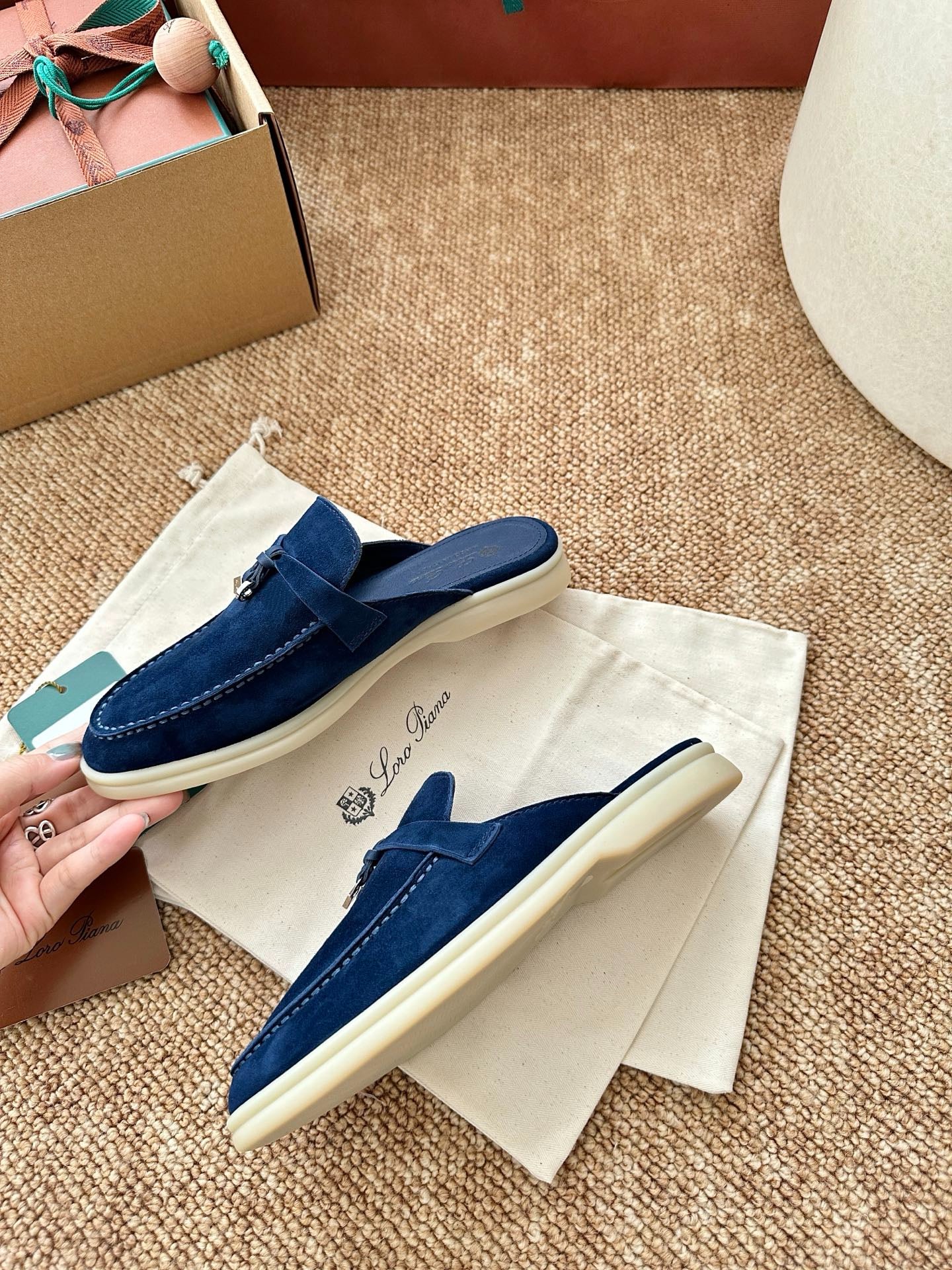 Loro Piana Summer Charms Walk Suede Mules - Navy Blue