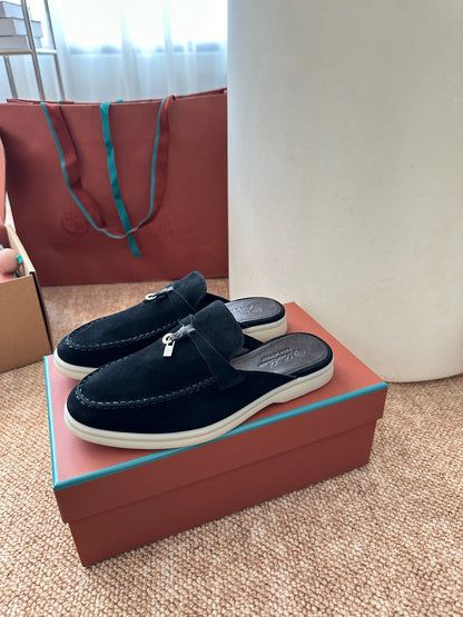 Loro Piana Summer Charms Walk Suede Mules - Black