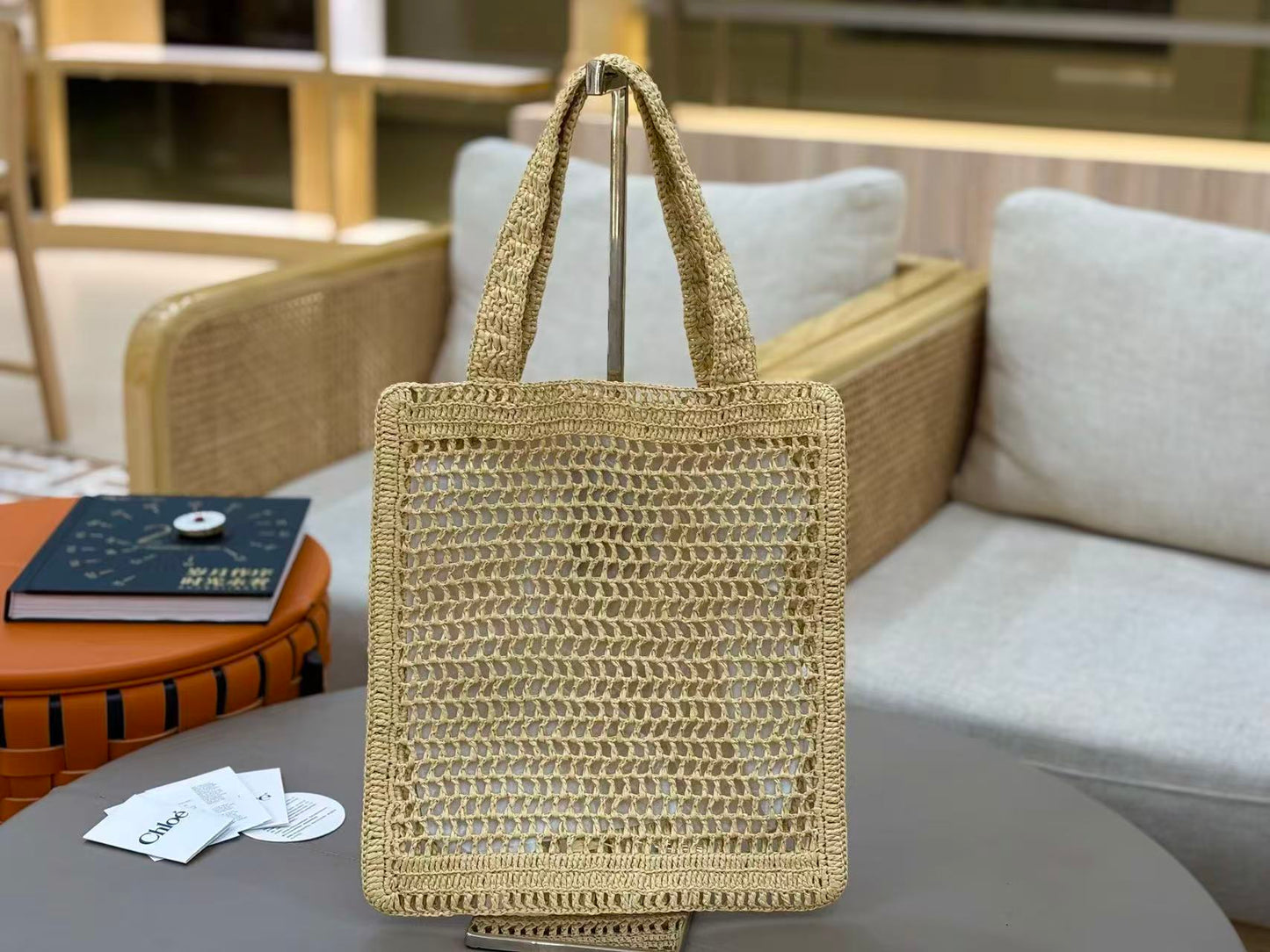 Chloé Summer Banana Crochet Tote Bag Raffia With Leather Trim