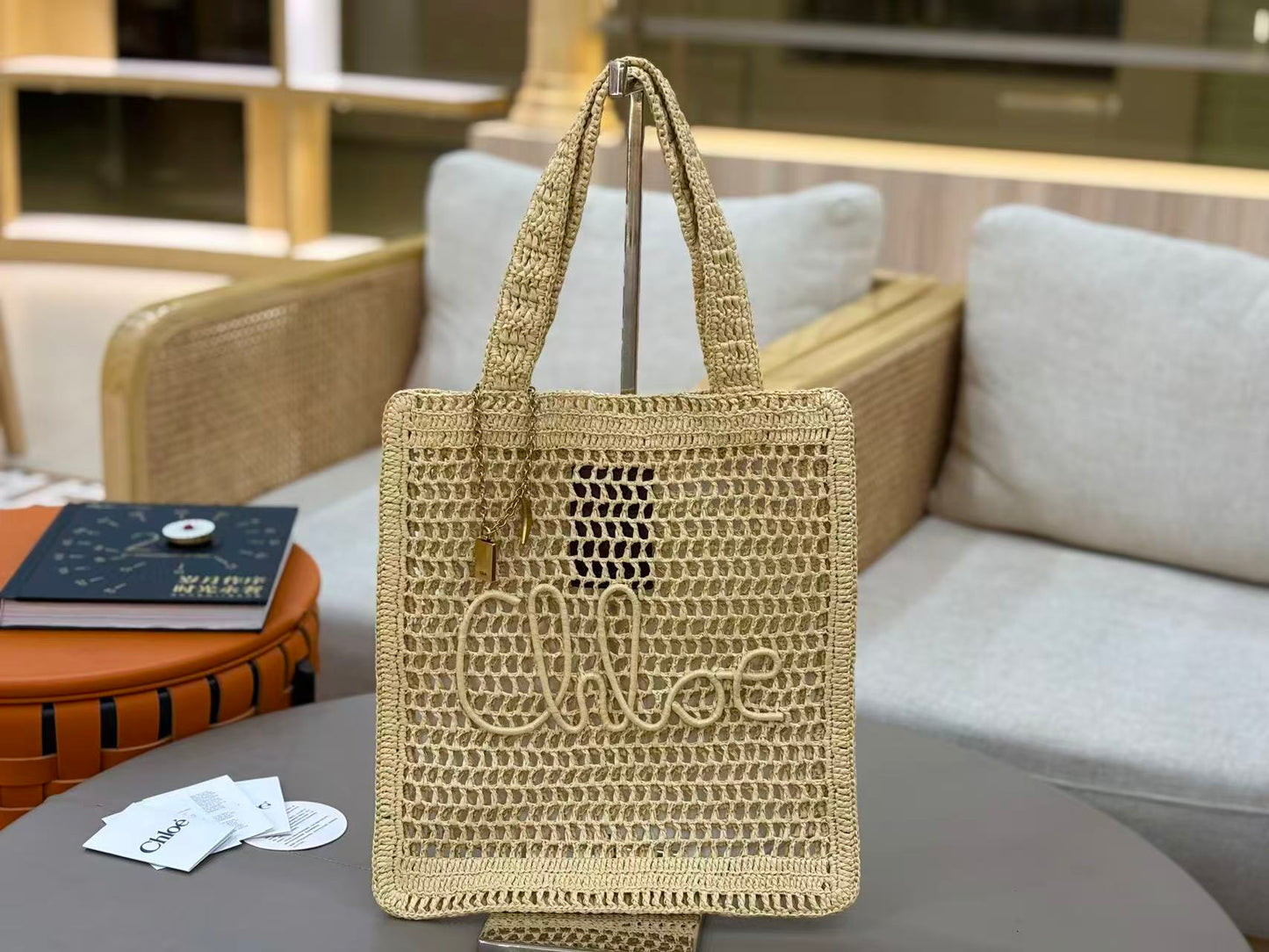 Chloé Summer Banana Crochet Tote Bag Raffia With Leather Trim