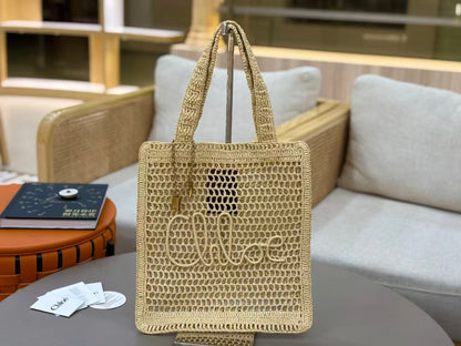 Chloé Summer Banana Crochet Tote Bag Raffia With Leather Trim
