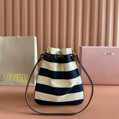 Miu Lucky Striped Bucket Bag Black Cream Canvas