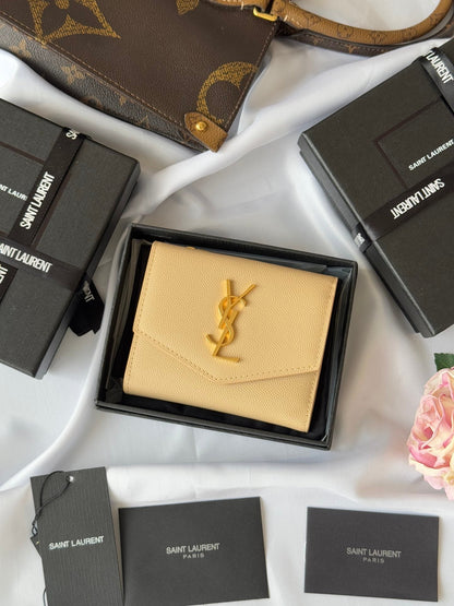 YSL Tri-fold Wallet Beige Gold Cowhide 242756