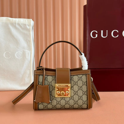 GG Padlock Small Top Handle Bag Beige Brown Leather Canvas