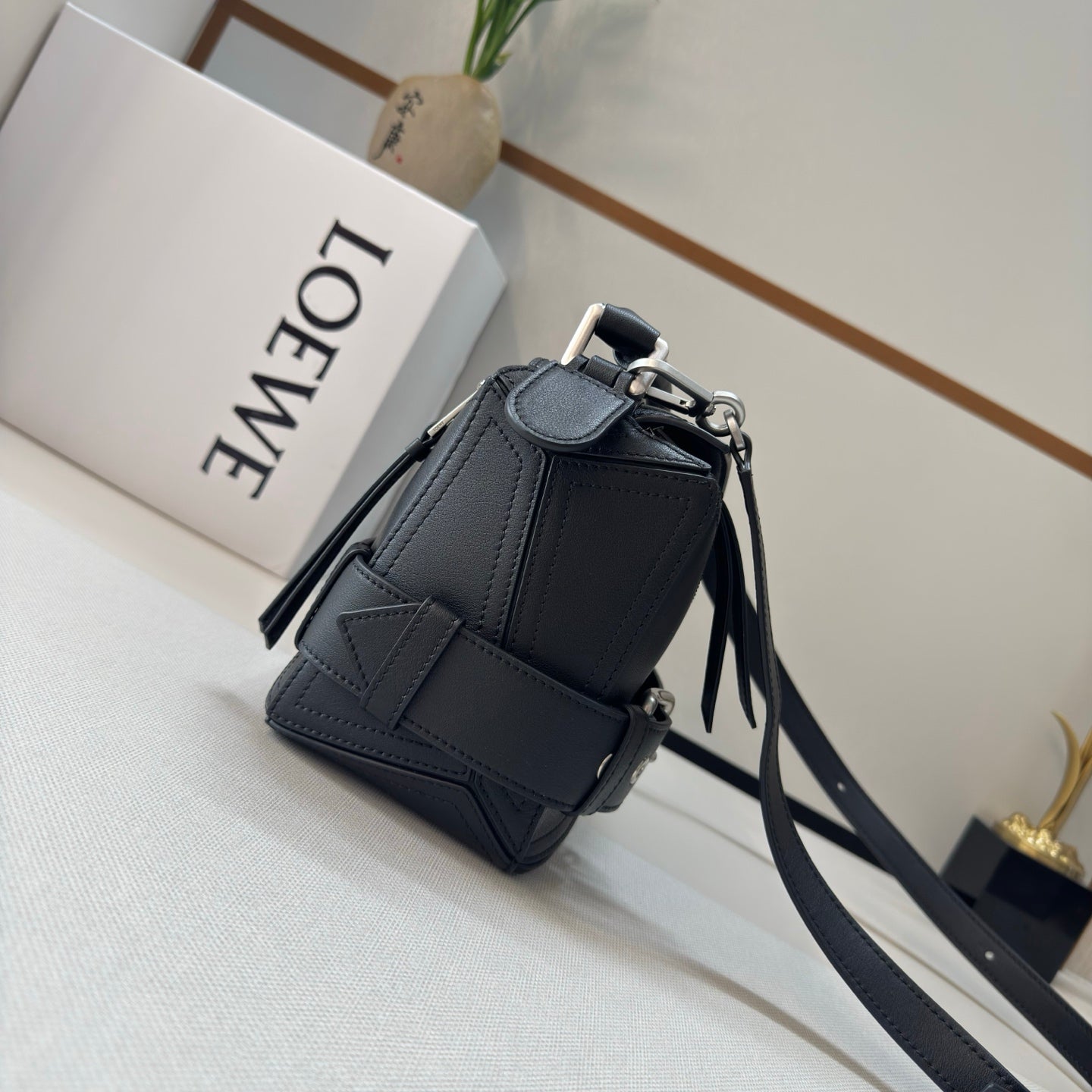 Loew Puzzle Biker Shoulder Bag 24cm Black Cowhide