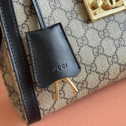 GG Padlock Medium Top Handle Bag Beige Black Leather Canvas