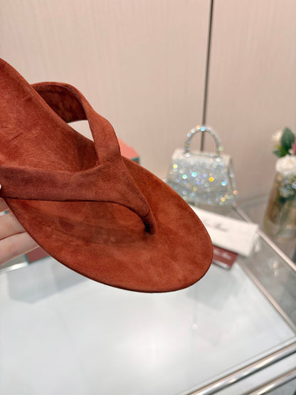 Rust Red Suede Quiet Luxury Flat Flip Flops Women Casual Thong Sandals