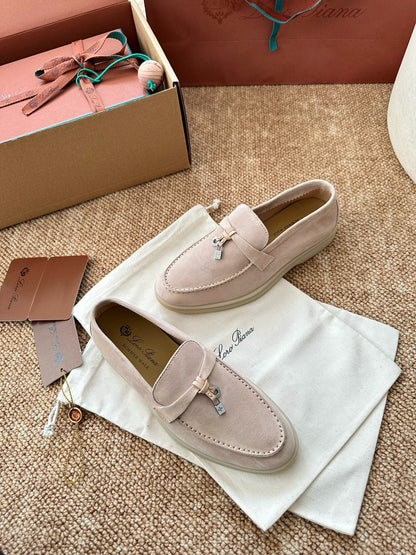 Loro Piana Summer Charms Walk Suede Loafers - Blush Pink