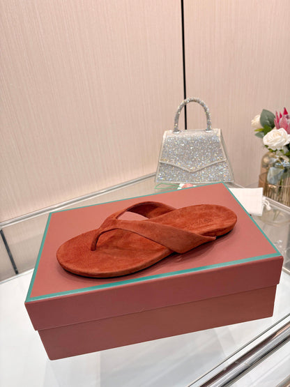 Rust Red Suede Quiet Luxury Flat Flip Flops Women Casual Thong Sandals