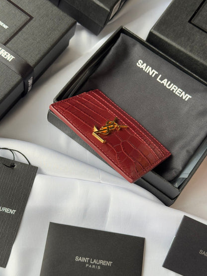 YSL Card Holder 10cm Wallet Burgundy Gold Crocodile Leather 240559
