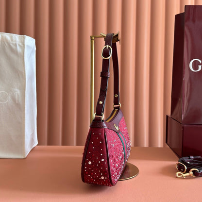 GG Ophidia Crystals Small Shoulder Bag 26cm Burgundy Canvas