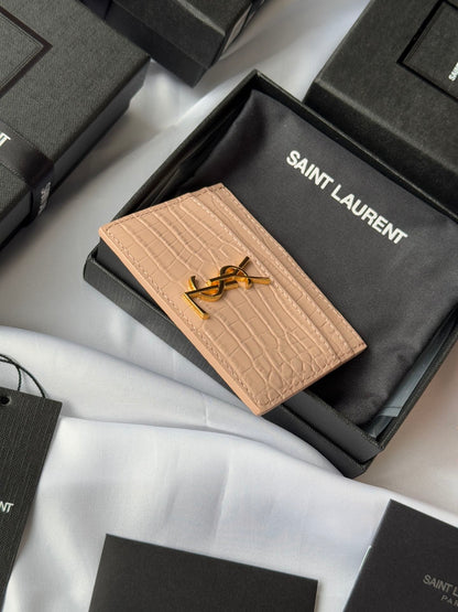 YSL Card Holder 10cm Wallet Pink Gold Crocodile Leather 240557