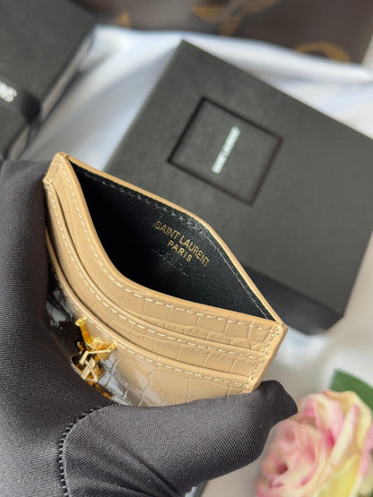 YSL Card Holder 10cm Wallet Beige Gold Crocodile Leather 240555